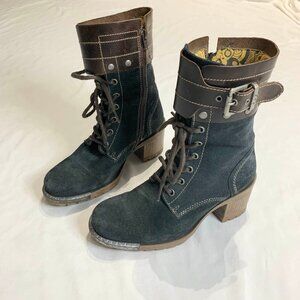 Fly London Sz 6.5 Yip Black Suede Leather Buckle Lace Up Block Heel Ankle Boots